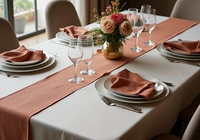 A dining table set with a custom table runner and matching napkins.